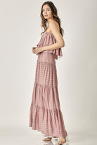 Pin Stripe Tiered Strapless Maxi Dress - Mustard Seed - RARA Boutique 