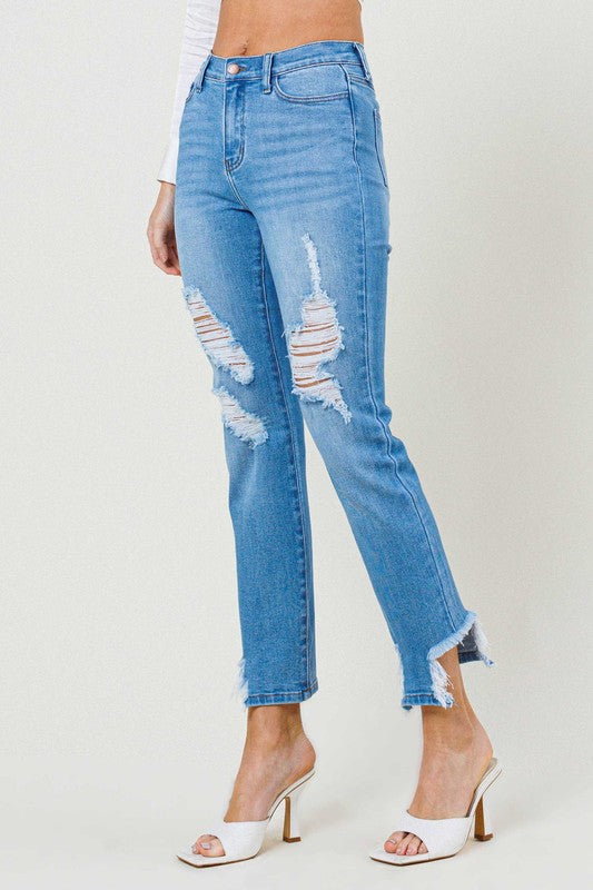 Mid Rise Straight Leg Shark Bite Ankle Jeans - Vibrant M.i.U - RARA Boutique 