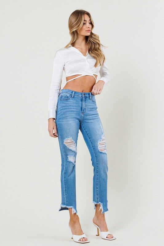 Mid Rise Straight Leg Shark Bite Ankle Jeans - Vibrant M.i.U - RARA Boutique 