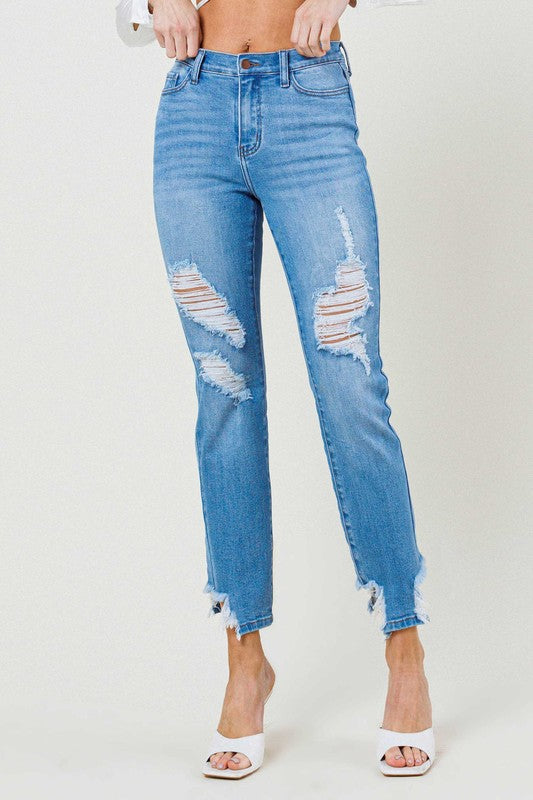 Mid Rise Straight Leg Shark Bite Ankle Jeans - Vibrant M.i.U - RARA Boutique 