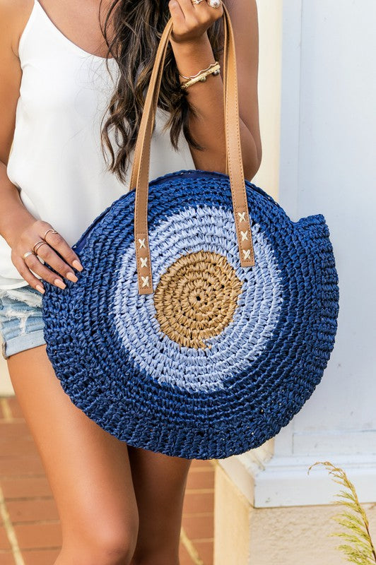 Evil Eye Straw Circle Tote - Rara Boutique 