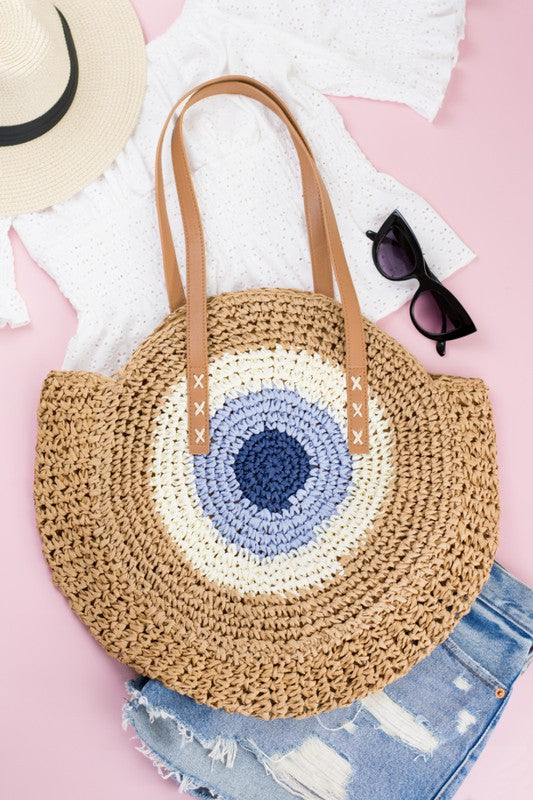 Evil Eye Straw Circle Tote - Rara Boutique 