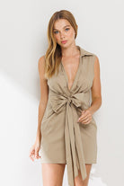 V-Neck Poplin Sleeveless Dress with Bow - RARA Boutique 