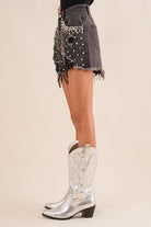 Jewel Embellished Frayed Denim Shorts - RARA Boutique 