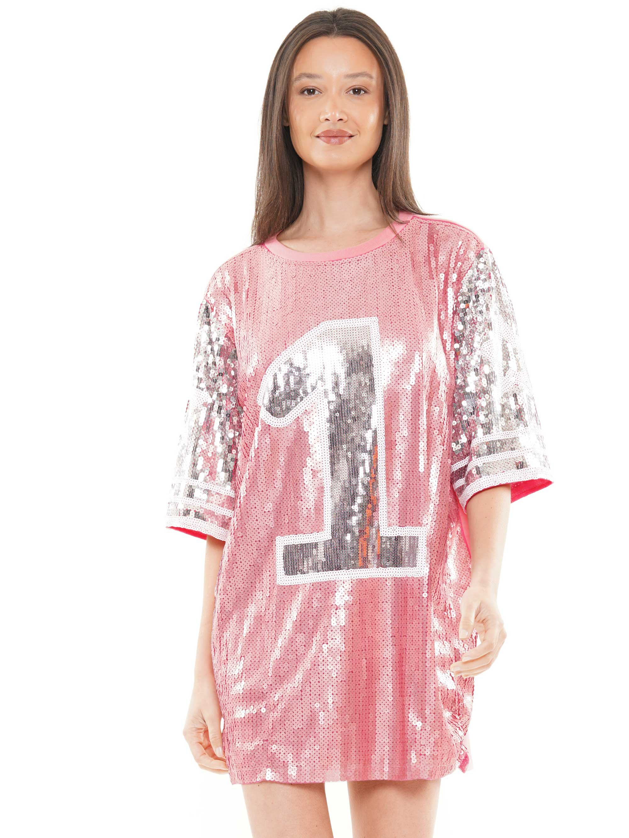 Number One Sequin Pink Jersey T-Shirt Dress - RARA Boutique 