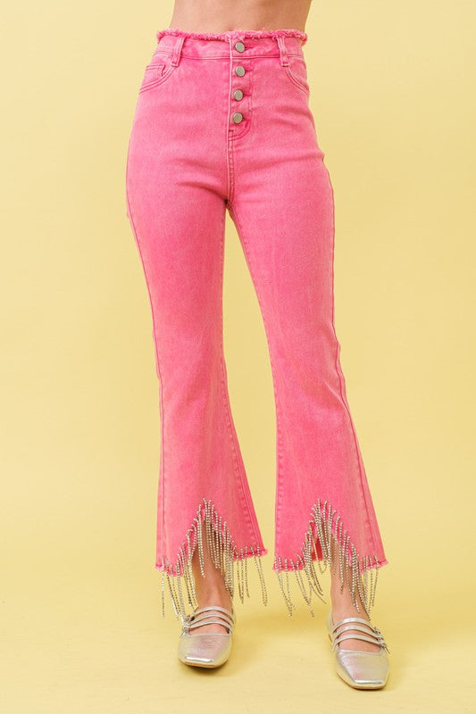 Rhinestone Fringe Jeans with Frayed Waist - RARA Boutique 