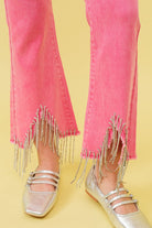 Rhinestone Fringe Jeans with Frayed Waist - RARA Boutique 