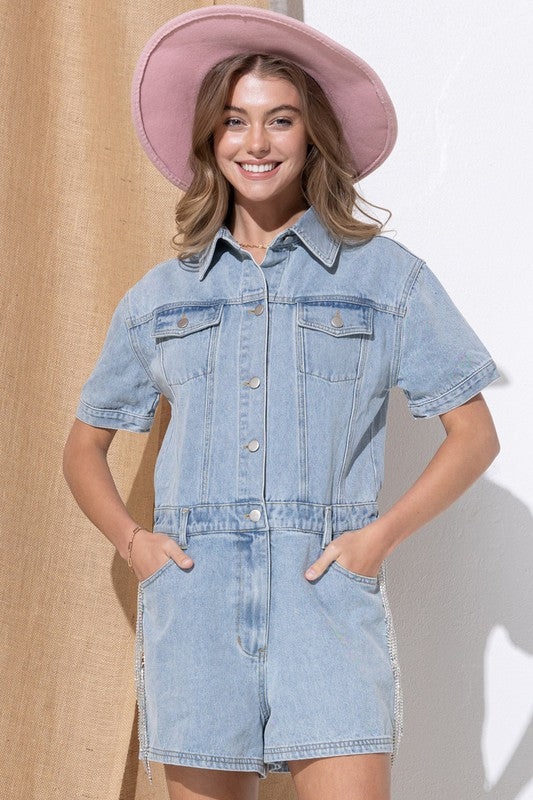 Washed Denim Overall Romper - RARA Boutique 