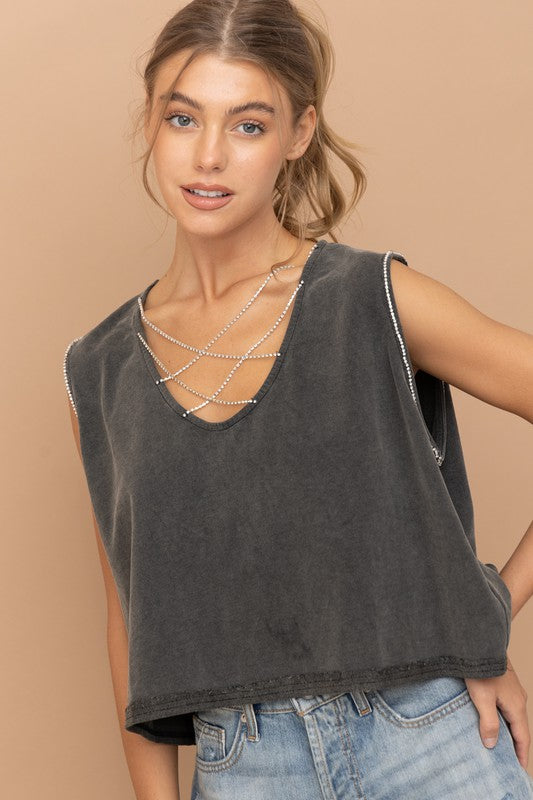 Mineral Washed Rhinestone Tank - RARA Boutique 