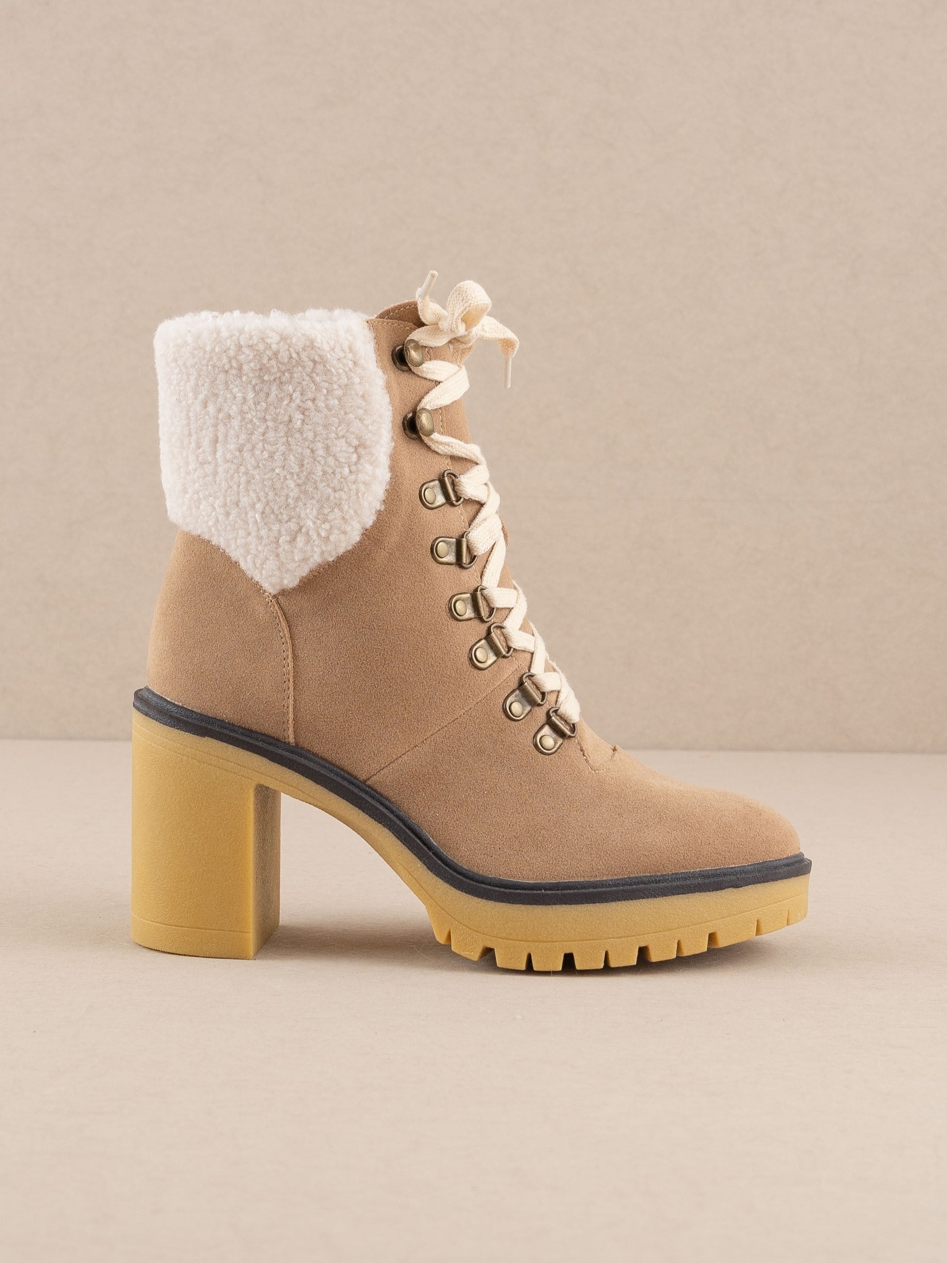 RARA Boutique heeled platform lace-up sherpa boots with chunky heels and cozy fur lining, stylish footwear for cold weather.