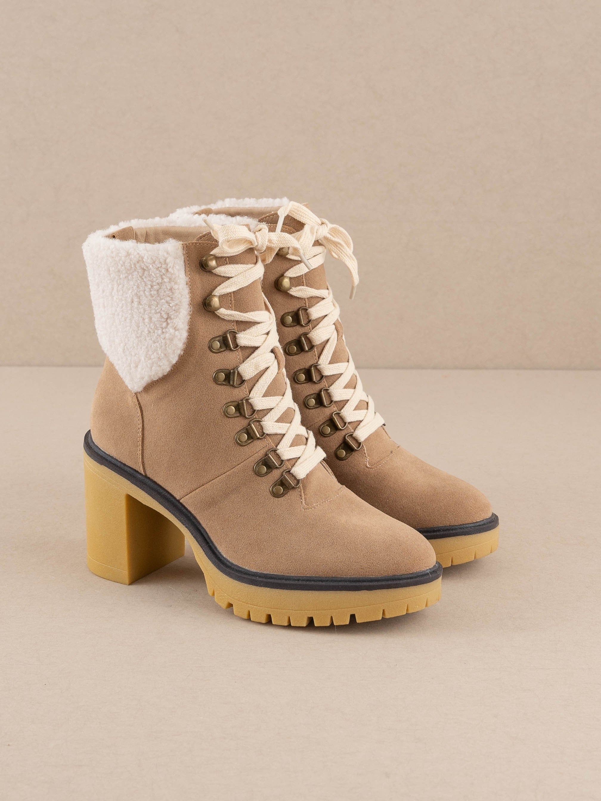 RARA Boutique heeled platform lace-up sherpa boots with chunky sole and cozy fur lining, stylish winter footwear.