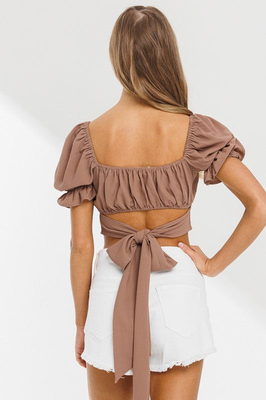 Bubble Crepe Tied Hem Puff Sleeve Crop Top - RARA Boutique 