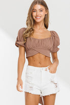 Bubble Crepe Tied Hem Puff Sleeve Crop Top - RARA Boutique 