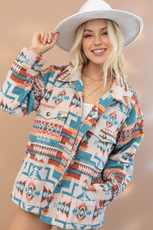 Aztec Western Shacket with Front Pocket- Blue B - RARA Boutique 