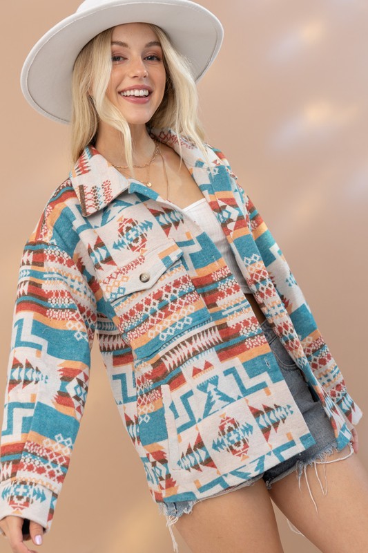 Aztec Western Shacket with Front Pocket- Blue B - RARA Boutique 