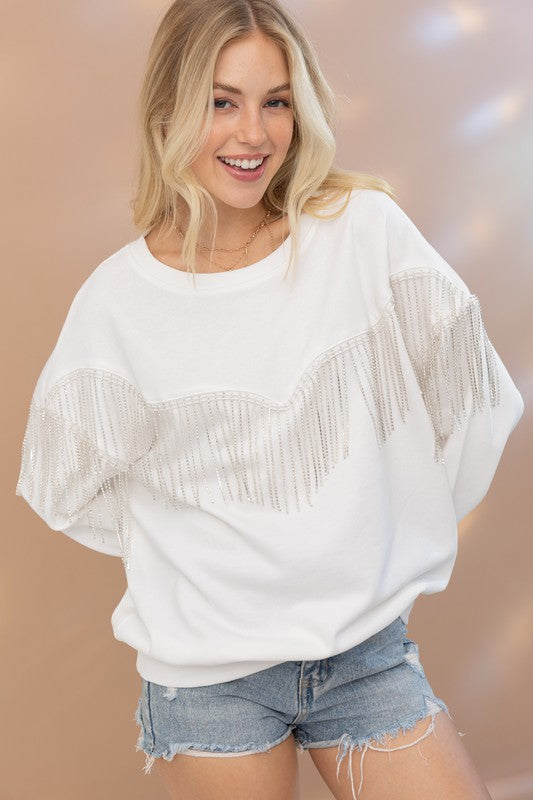 Rhinestone Fringe Pullover Top - RARA Boutique 