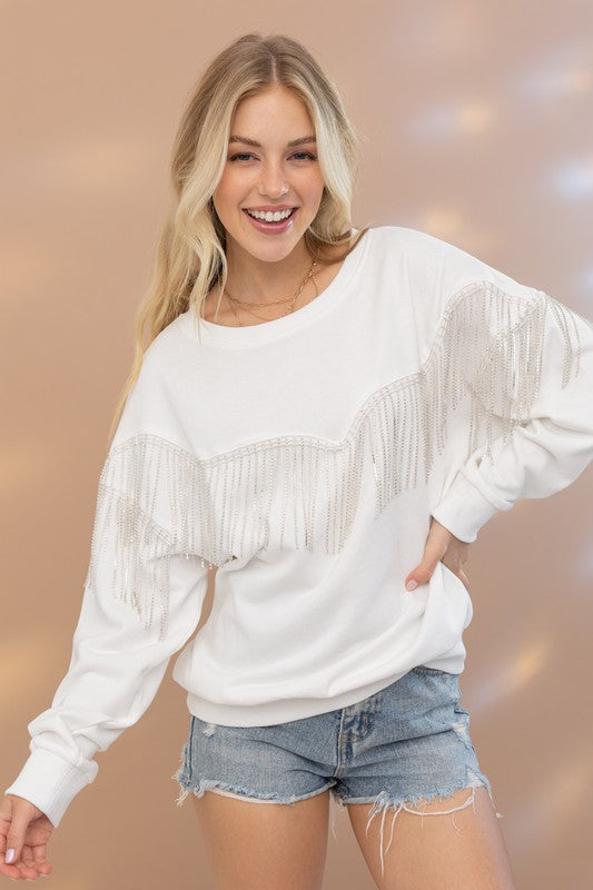 Rhinestone Fringe Pullover Top - RARA Boutique 