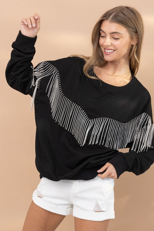 Rhinestone Fringe Pullover Top - RARA Boutique 