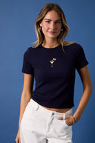 Embroidered American Flag Martini Cocktail Ribbed Baby Tee by RARA Boutique, featuring patriotic flag and cocktail embroidery.