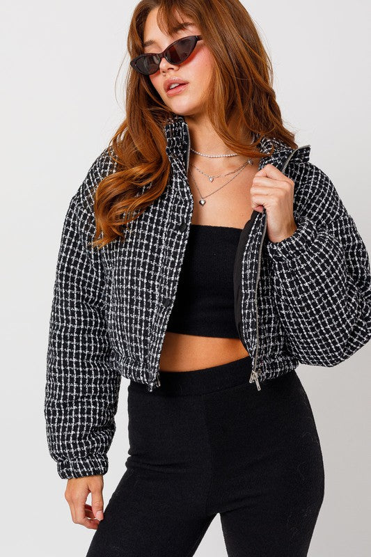 Tweed Crop Puffer Jacket - RARA Boutique 