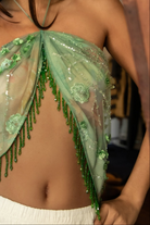 RARA Boutique embroidered beaded mesh halter scarf top blouse with intricate beadwork and lightweight fabric, stylish and elegant.