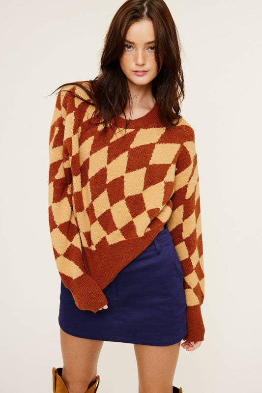 Wavy Checkered Pattern Sweater - RARA Boutique 