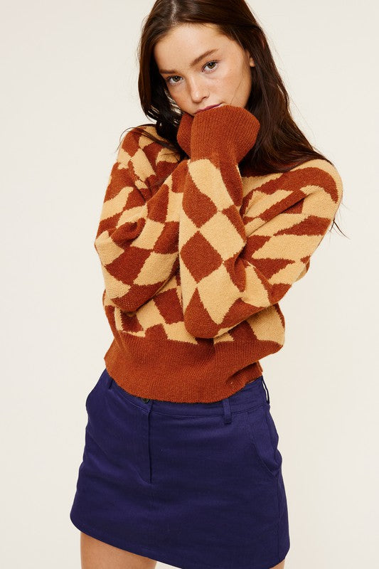 Wavy Checkered Pattern Sweater - RARA Boutique 