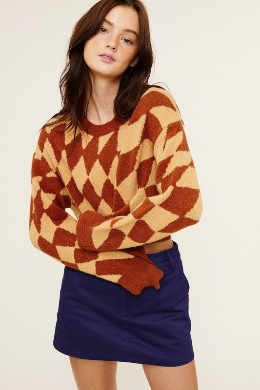 Wavy Checkered Pattern Sweater - RARA Boutique 