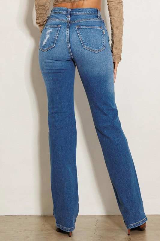 High Rise Subtle Distressed Straight Jeans - RARA Boutique 