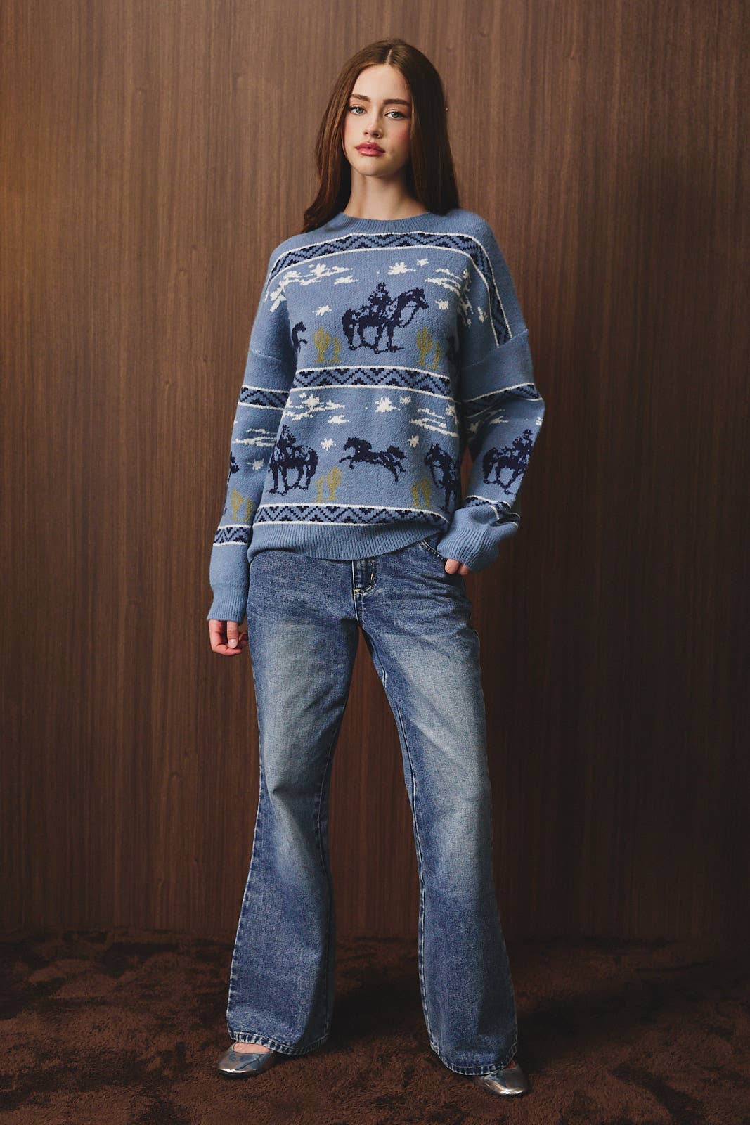 LE LIS long sleeve crew neck cowboy graphic sweater, featuring Western-inspired print on soft knit fabric.