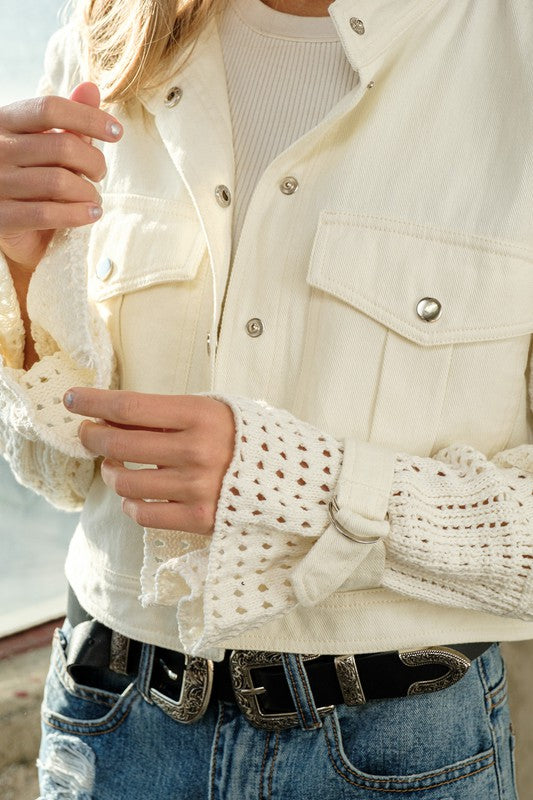 Twill Crop Crochet Sleeve Jacket - RARA Boutique 