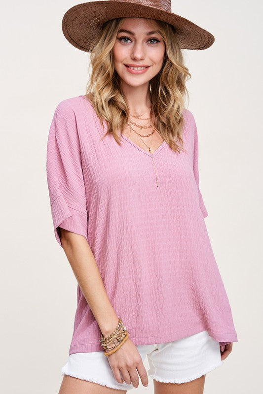 Short Sleeve Top in Oversized Fit with V-Neckline - RARA Boutique 