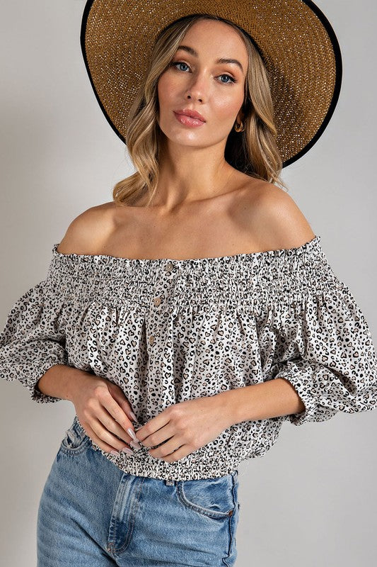 Animal Print Smocked Off the Shoulder Top - eesome - Rara Boutique 