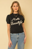 Hello Beautiful Short Sleeve Sweater Top - RARA Boutique 