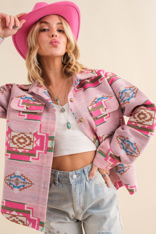 Jacquard Aztec Pattern Shirt Jacket - RARA Boutique 