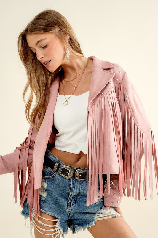 Studded Fringe Open Western Jacket - RARA Boutique 