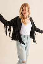 Studded Fringe Open Western Jacket - RARA Boutique 