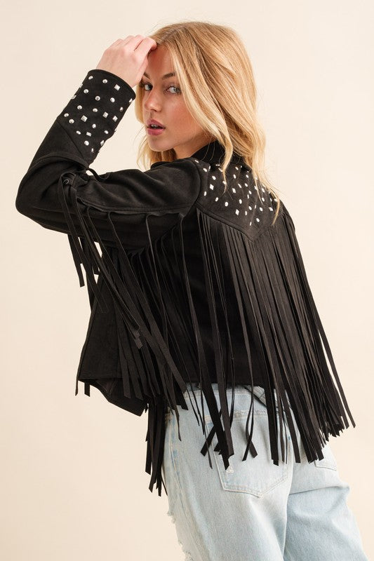 Studded Fringe Open Western Jacket - RARA Boutique 