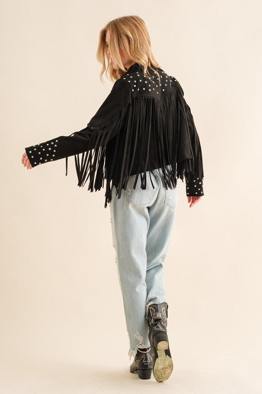 Studded Fringe Open Western Jacket - RARA Boutique 