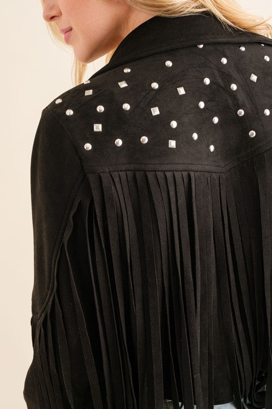 Studded Fringe Open Western Jacket - RARA Boutique 