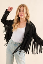 Studded Fringe Open Western Jacket - RARA Boutique 