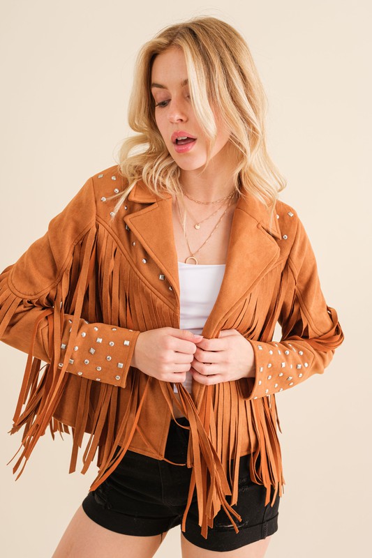 Studded Fringe Open Western Jacket - RARA Boutique 