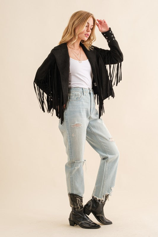 Studded Fringe Open Western Jacket - RARA Boutique 