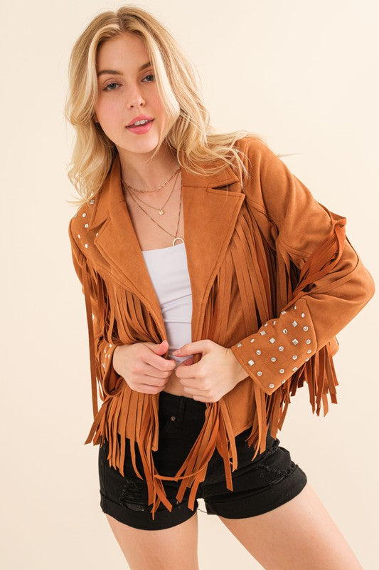 Studded Fringe Open Western Jacket - RARA Boutique 