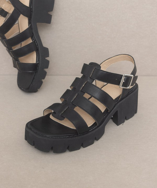 RARA Boutique Lug Sole Heeled Gladiator Sandals with multiple straps and buckle closures, stylish summer footwear.