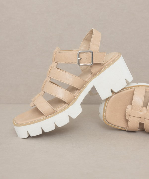 RARA Boutique Lug Sole Heeled Gladiator Sandals with ankle straps and platform heel, stylish women's summer footwear.