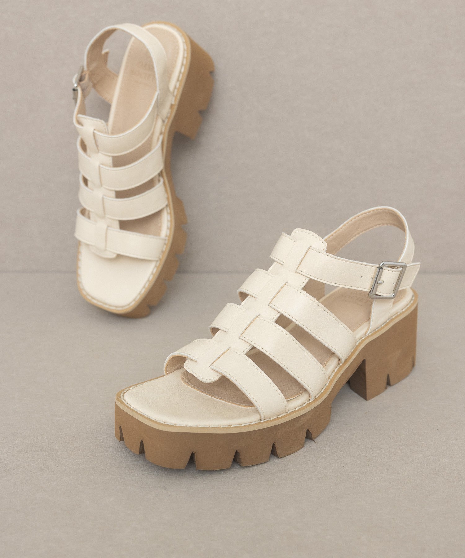 RARA Boutique Lug Sole Heeled Gladiator Sandals with multiple straps and ankle buckle detail, stylish footwear for summer.