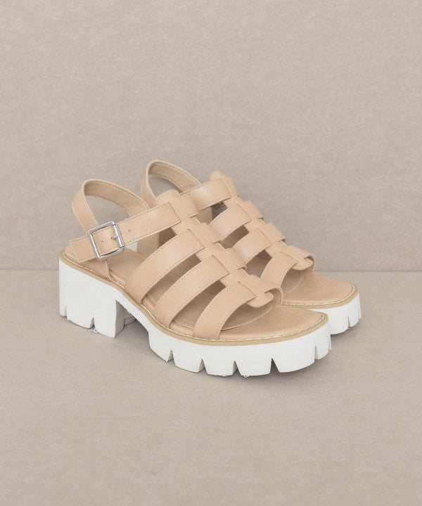 RARA Boutique Lug Sole Heeled Gladiator Sandals with multiple straps and chunky sole, stylish open-toe design.