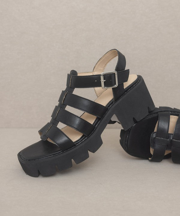 RARA Boutique Lug Sole Heeled Gladiator Sandals with multiple straps and buckle details, stylish and trendy footwear for women.