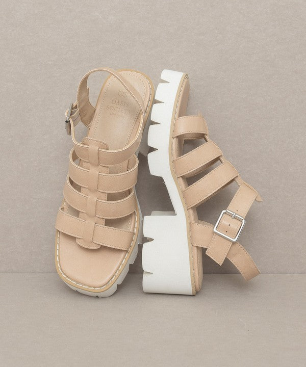 RARA Boutique Lug Sole Heeled Gladiator Sandals featuring multiple straps and chunky heel on a neutral background.